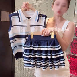 女童夏季韩系polo领条纹套装中大童夏季新款休闲百搭无袖短裙套装