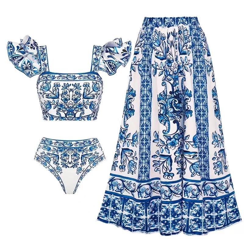 191g Weight Sleeveless Sleeve Length Women's Elegant Sexy Printing 3 Pieces Set Bikinis Swimwear