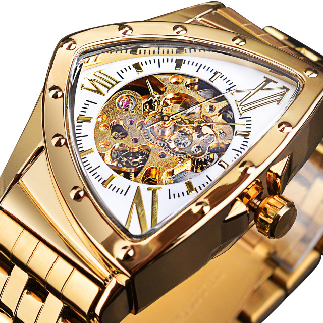 Forsining reloj mecánico automático estilo europeo y americano triángulo cabeza hombres moda casual hueco muñeca reloj transparente