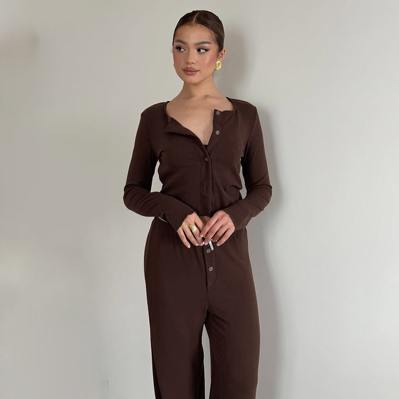 2026 European and American Style Slim-Fit Knit Pajamas for Women, Summer Long-Sleeve Long Pants, Skin-Friendly, Cross-Border Loungewear Suitable for Going Out 2026 European and American Style Slim-Fit Knit Pajamas for Women, Summer Long-Sleeve Long Pants, Skin-Friendly, Cross-Border Loungewear Suitable for Going Out