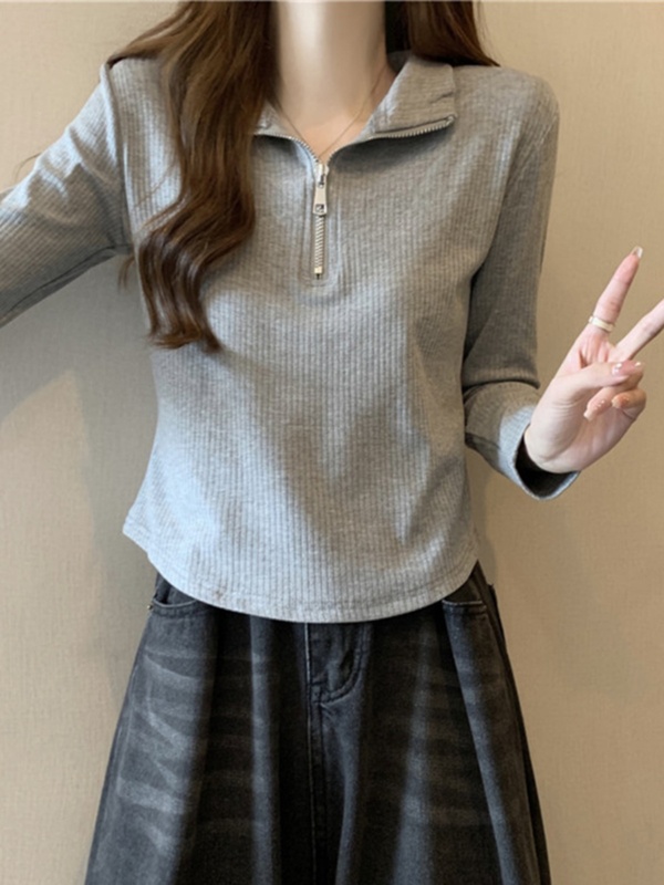 长袖polo领t恤女2025新款秋季大码胖m修身打底显瘦不规则短款上衣|undefined