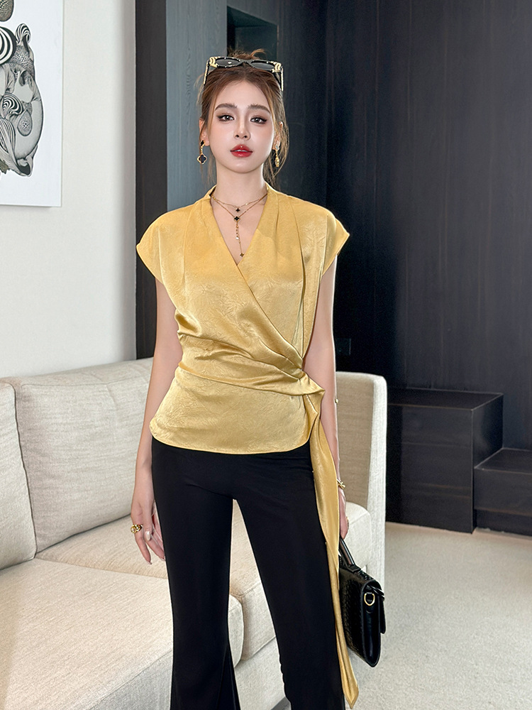 Áo sơ mi nữ cổ V dây rút eo thiết kế thanh lịch — nghệ