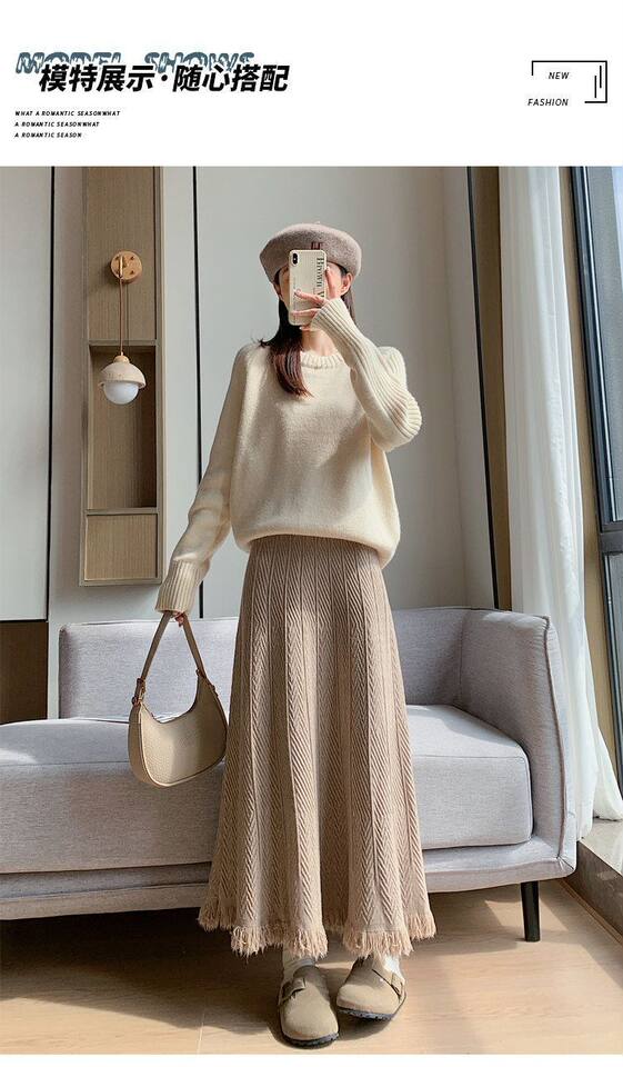 Chân váy dệt kim dày nữ dáng chữ A cạp cao xếp ly tua rua dáng dài — màu kaki, màu mơ, xám đậm, đen chi tiết 15