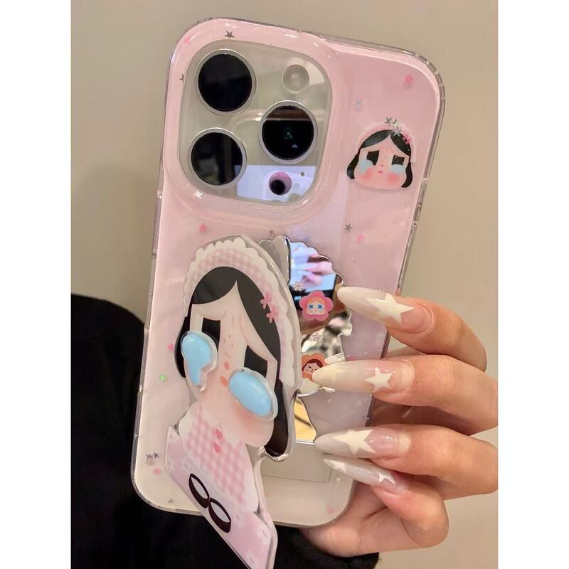Japanese and Korean Cute Pink Plaid Crying Baby Flip Mirror Suitable for Iphone16Prom Apple 15P Mobile Phone Case 14P13