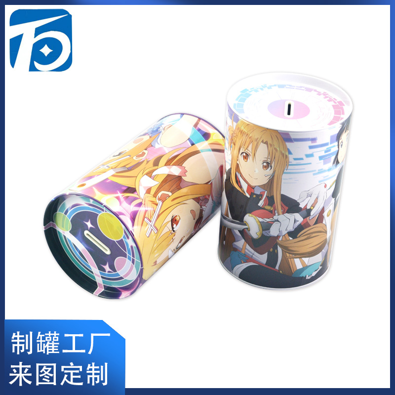 厂家定 制日系漫风马口铁圆形存钱罐铁罐 油桶型儿童零钱收纳铁罐