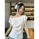 Design Sense Korean Style Shoulder Shoulder Clavicle Short-sleeved T-shirt Women's New Summer Design Sense Niche Pleated Short Top