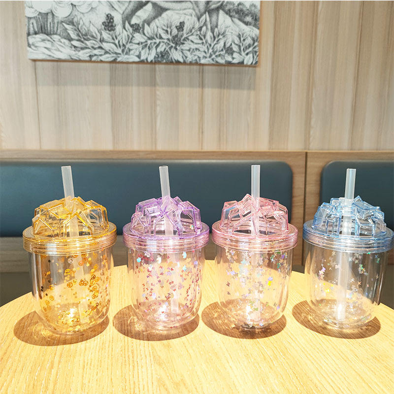 新款夏日简约双层闪粉吸管杯子跨境亚马逊塑料随手奶茶杯AS冷水杯