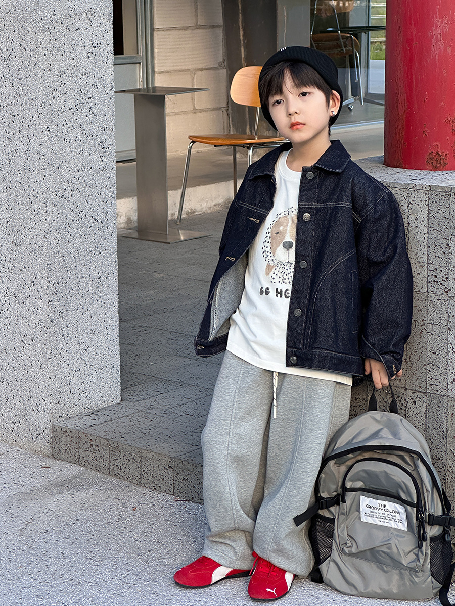 Emo Baby 2025 autumn sand-washed cotton handsome workwear tops for boys and girls Korean style top-stitch denim jackets trendy
