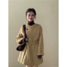 小香风中长款毛呢外套女早春秋新款高级感小个子绑带收腰呢子大衣