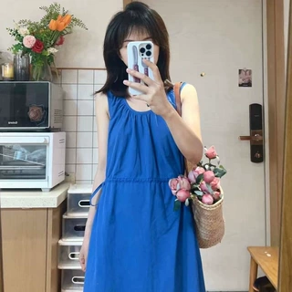 夏季蓝色吊带连衣裙温柔风活泼奶甜减龄长裙小个子初恋甜美显高