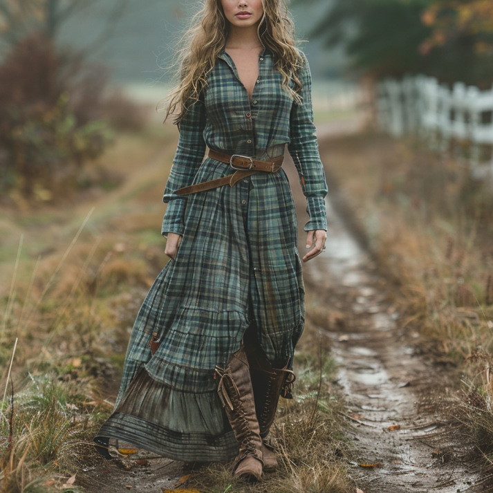 Women's Vintage V-Neck Plaid Print Maxi Dress Country Pastoral Vintage Dress_ecoleips.com