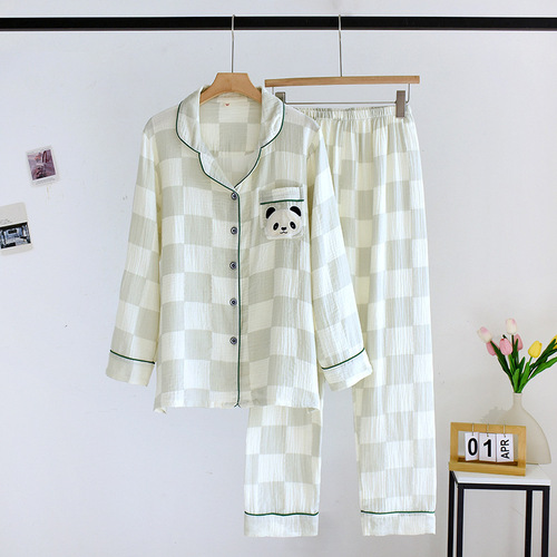  New Spring and Autumn Pure Cotton Yarn Couple Checkered Pajamas Cute Panda Long Sleeves and Pants Home Clothing Set