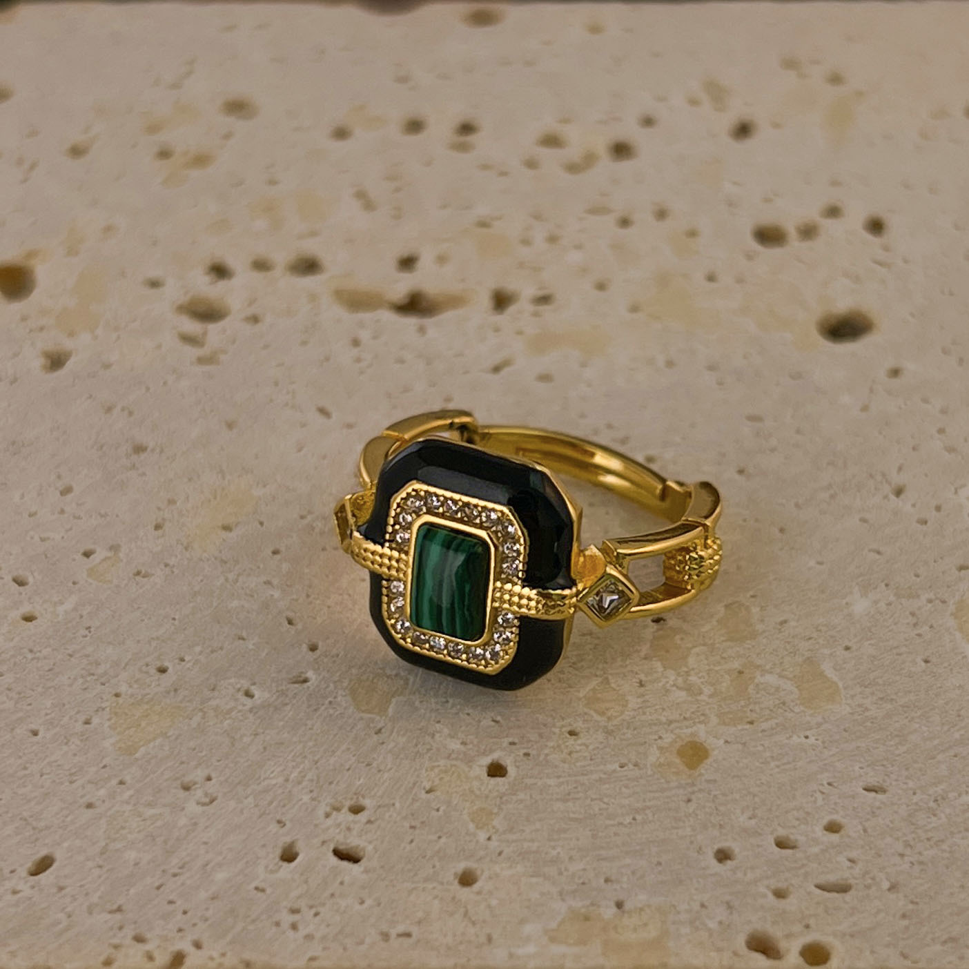 Retro Geometric Color Block Square Malachite Agate Plating Women's Open Rings display picture 2