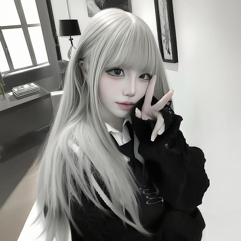 Xingcheng Wig Female Long Hair Popular Lolita Shaoluo Silver Gray Sweet Natural Long Straight Hair Full Headgear