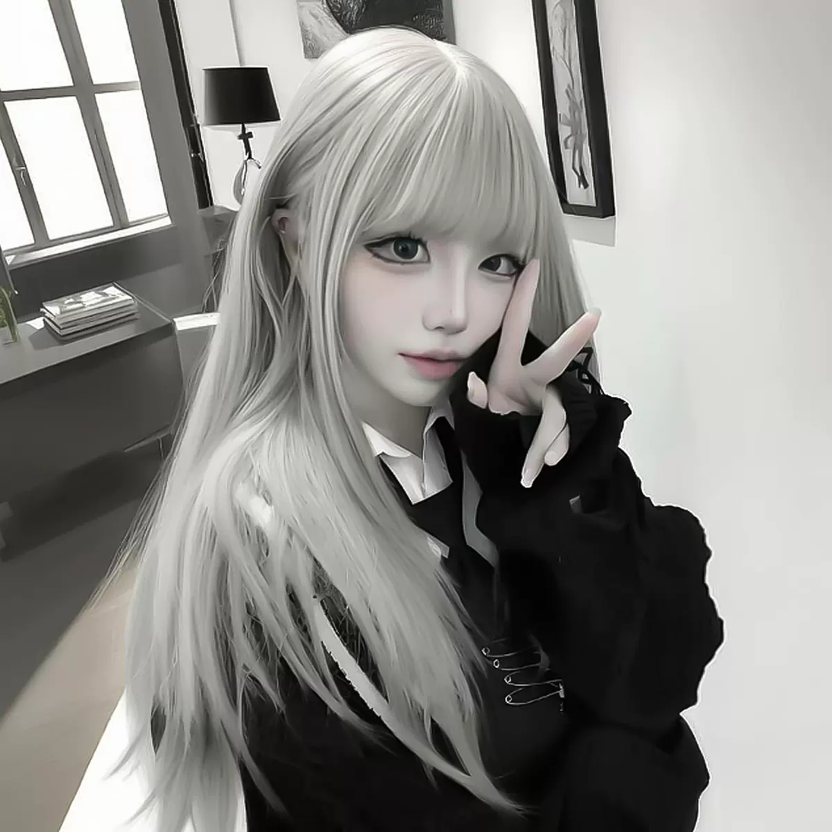 星程假发女长发网红lolita少萝银灰色甜美自然长直发整顶全头套