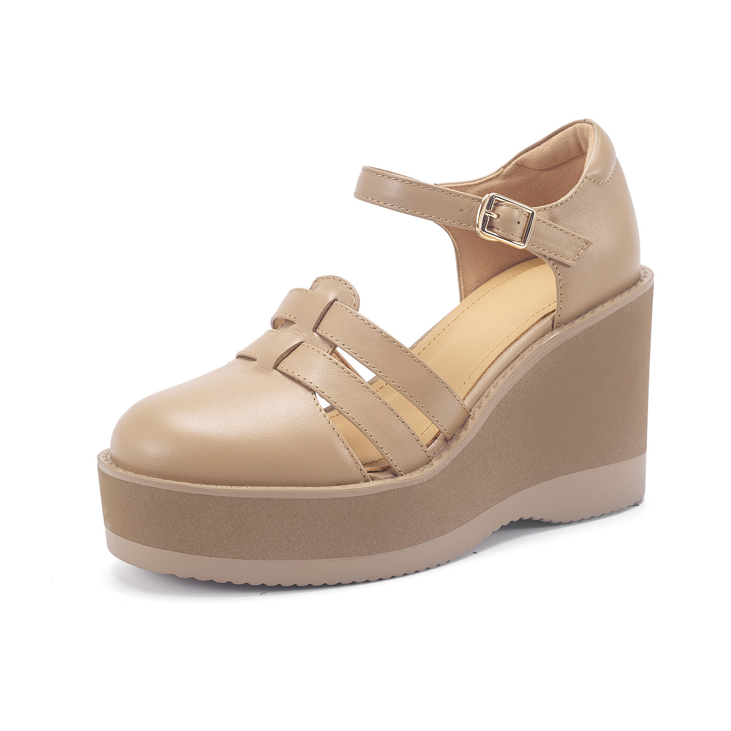 Sandal cao gót nữ đế dày 9,5 cm, mũi bít, dệt chéo, phong cách tổ chim — màu trắng ngà chi tiết 13