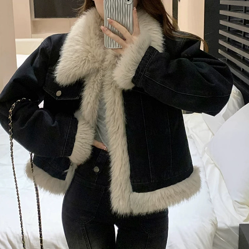 Short denim jacket, velvet‑lined demi‑season down, plush fur trim, short fit, S–XL