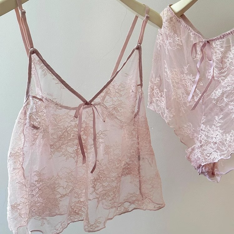 French Style Pure Desire Lace Mesh Sling Pajamas Women's Hot Girl Summer 2025 New Sexy Home Clothes suit