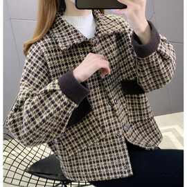 加厚秋冬格子外套女2024新款时尚百搭减龄宽松显瘦拼接开衫外套潮