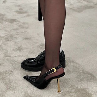 Black Pointed Toe High Heels Women's Stiletto Heels 2023 New Elegant High-End Patent Leather Sexy Flats French Sandals