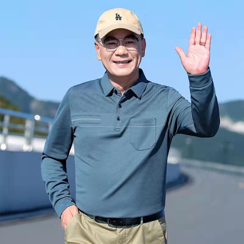 Dad's Long-Sleeve Thin Lapel Top for Middle-Aged and Elderly Men with Real Pockets, Plus-Size Spring and Autumn Base Shirt Men's Polo Dad's Long-Sleeve Thin Lapel Top for Middle-Aged and Elderly Men with Real Pockets, Plus-Size Spring and Autumn Base Shirt Men's Polo