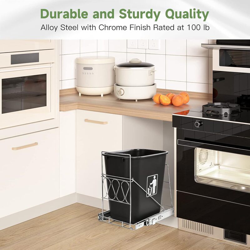 Cross-Border Durable Sliding Trash Can Rack, Kitchen Cabinet Pull-Out Storage Rack, 10-35 Quart Adjustable Size, Chrome Finish