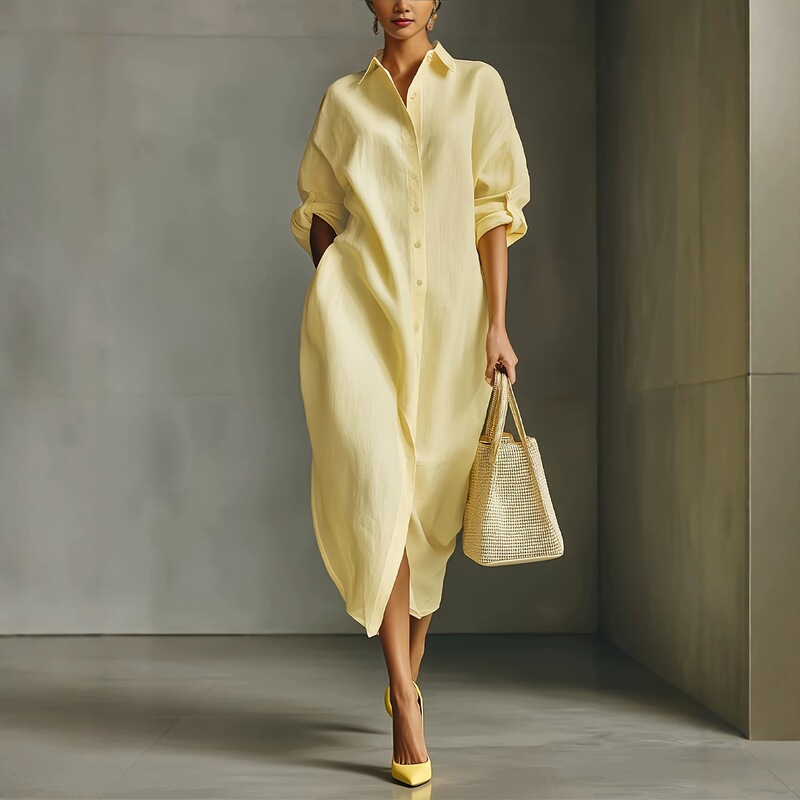 Amazon 2026 loose-fitting cotton and linen shirt dress, long-sleeved, with a turn-down collar, rolled sleeves, and a slit, mid-length shirt dress for women