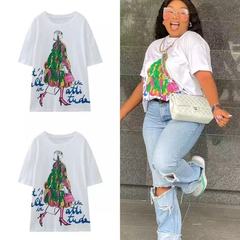 クロスボーダーアメリカンレトロプリントコットン半袖Tシャツ女性と男性のためのデザイン2025新しい夏のカップルトップス