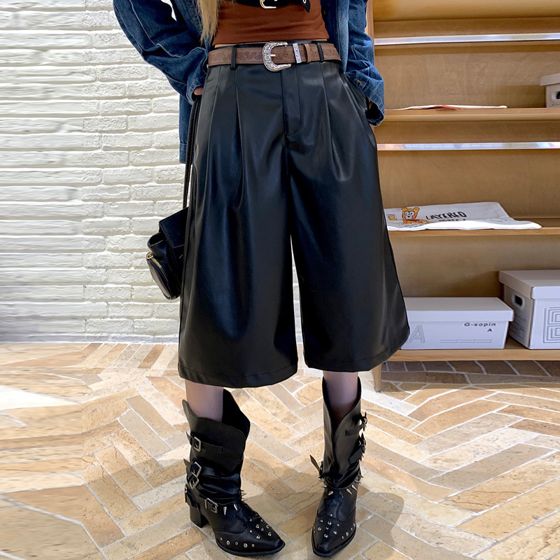 Real Shot of Autumn and Winter New High-Waisted Slim Casual Three-Quarter Leather Pants Soft Leather Pu Leather Trendy Wide-Leg Pants and Boot Pants for Women Real Shot of Autumn and Winter New High-Waisted Slim Casual Three-Quarter Leather Pants Soft Leather Pu Leather Trendy Wide-Leg Pants and Boot Pants for Women