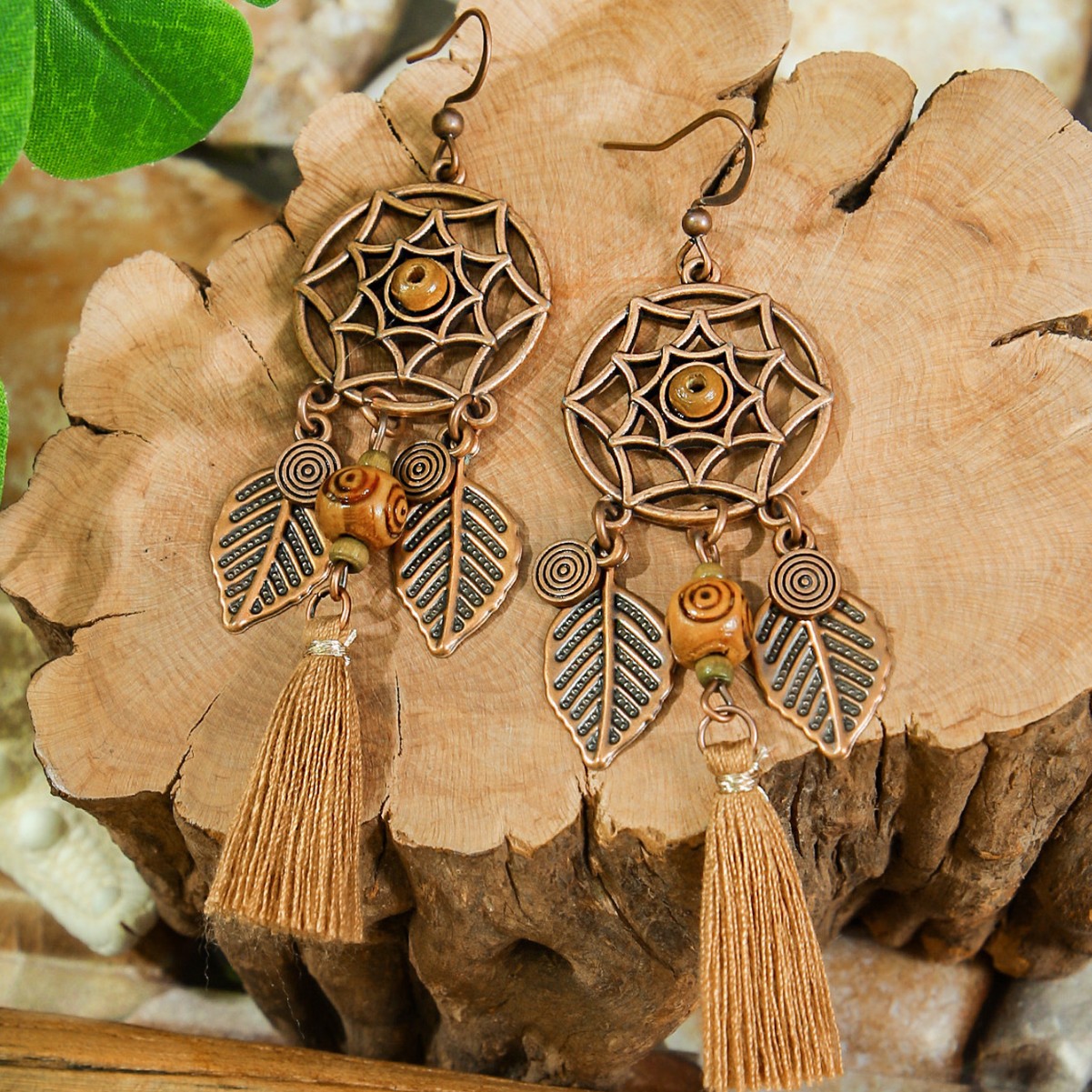 Bohemia Dream Catcher borla pendientes collar de madera estilo étnico largo borla colgante accesorios suéter cadena