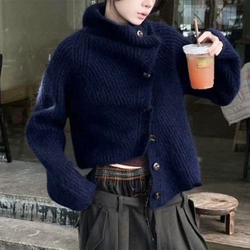 Autumn and winter lazy and high-end new style knitted cardigan soft waxy top for women Korean style irregular turtleneck sweater for women