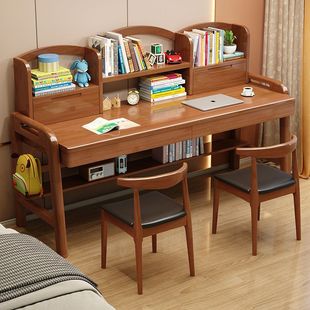 Children's Desk Bookshelf Combination Integrated Solid Wood Double Study Table Home Bedroom Primary and Secondary School Students Writing Table and Chairs
