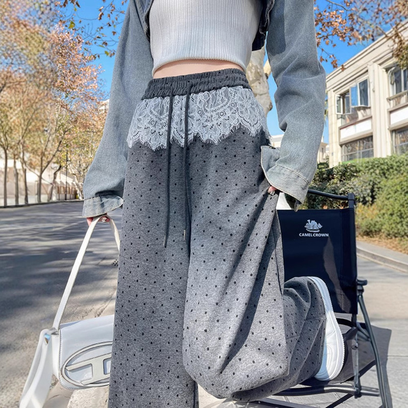Grey Lace Stitching Polar Dot Wide-leg Pants Women's 2025 Spring Elastoelastic Waist Daggy Straight Loose Casual Pants Grey Lace Stitching Polar Dot Wide-leg Pants Women's 2025 Spring Elastoelastic Waist Daggy Straight Loose Casual Pants