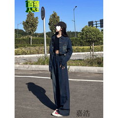 美式复古短款牛仔布外套夹克女春季高腰拖地阔腿牛仔布