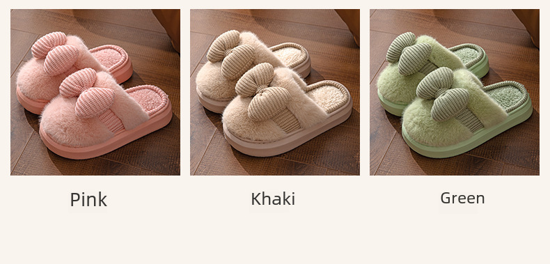Nuove pantofole di cotone per la casa autunnali e invernali da donna con fiocco, per la casa, al coperto, spesse, in peluche, calde, antiscivolo, in cotone, all'ingrosso_voghion.com