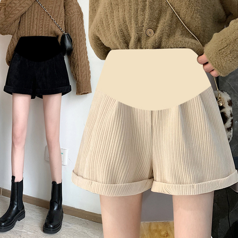 Pregnant women's shorts autumn and winter chenille corduroy bottoming shorts with socks pants wide leg boots shorts