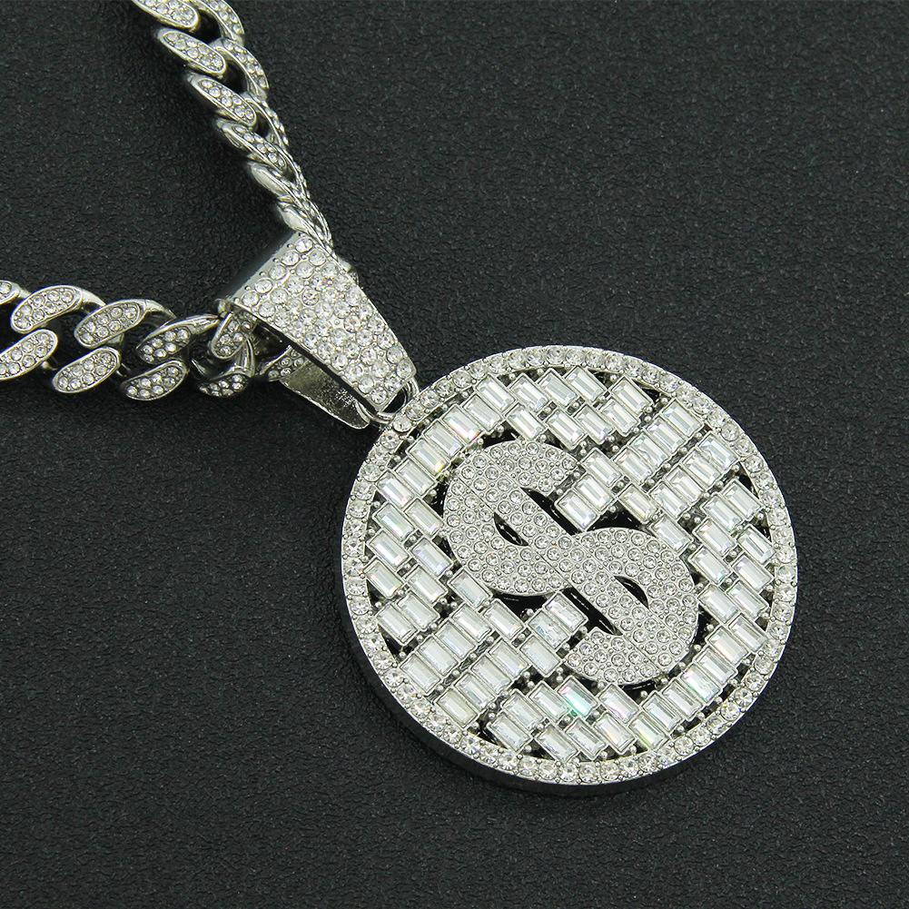 Street, Shopping Occasion European Hip Hop Full Diamond Dollar Round Brand Hollow Pendant Cuban Link Chain Necklace Men's Cool Domineering Exaggerated Accessories