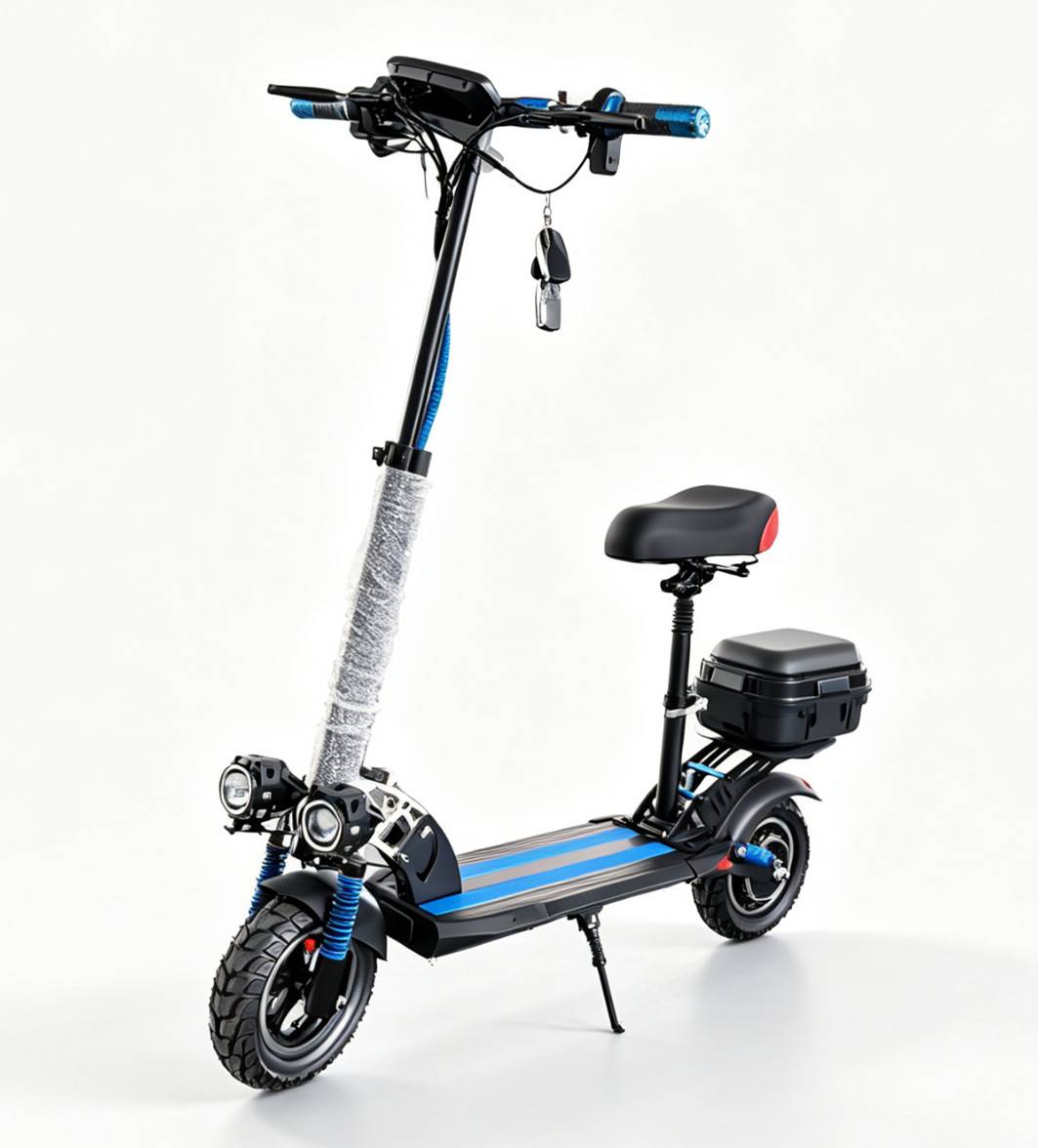 New electric scooter, foldable, with a seat, double-seat design, shock-absorbing wide tires, lithium battery, two-wheeled mobility scooter, and assistive vehicle