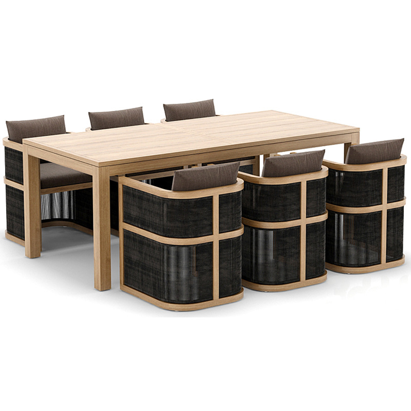 Mesa y silla de teca de caña al aire libre patio balcón al aire libre ocio de alta gama anticorrosión cuerda de madera trenzada silla combinación de muebles