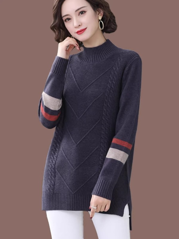 半高领毛衣新款女装秋冬2025新款撞色中长款针织打底衫内搭上衣|undefined