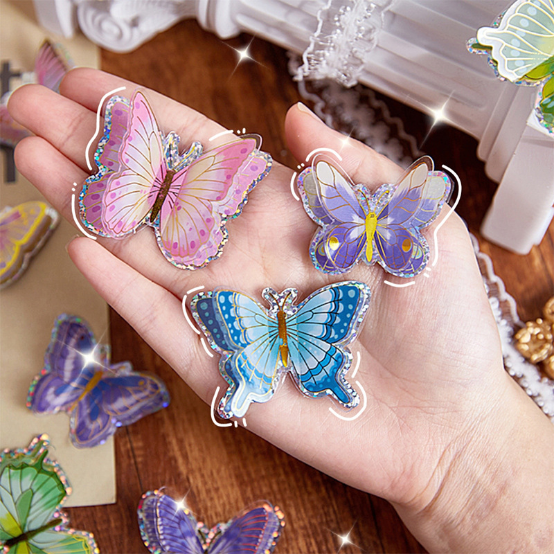 Pegatinas de mariposa de fantasía Pegatinas de cuenta de mano de bronceado con láser tridimensional Pegatinas decorativas de collage de cuenta de mano de tarjeta de mariposa retro