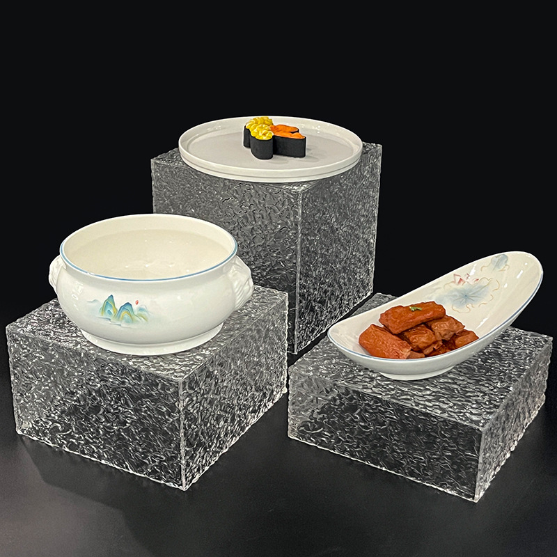 装饰菜品展示摆亚克力盘明档蓝灰色支架甜品底座盒子台透明自助餐