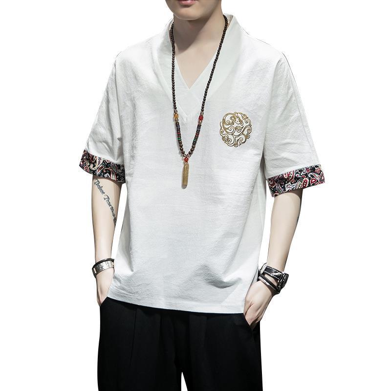 Linen Short-sleeved T-shirt Men's Summer Chinese-style Embroidered V-neck T-shirt Retro Tang Suit Hanfu Chinese Men's Top Thin