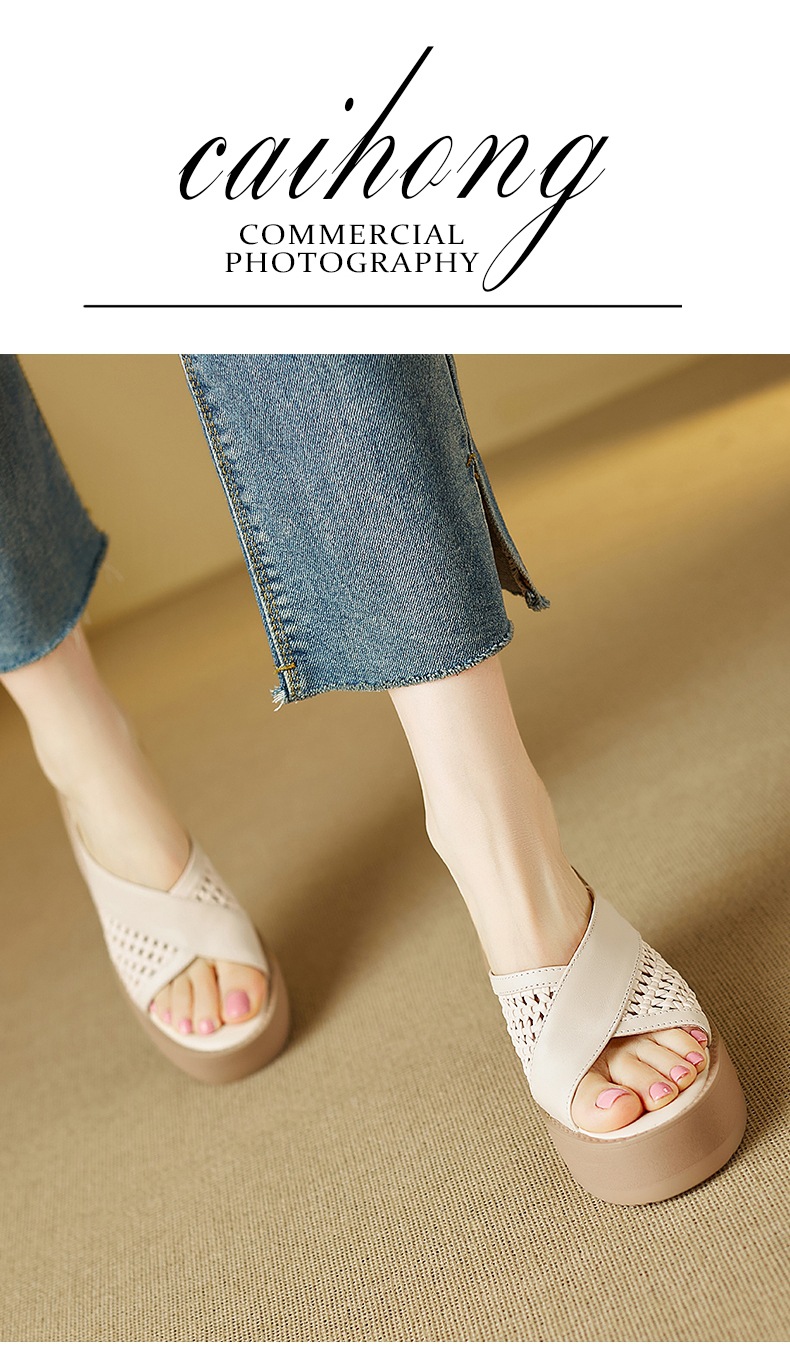 Sandal cao gót nữ mũi cá dày đế xuồng, chất liệu da bò đầu, thiết kế đan rỗng quai ngang — đen chi tiết 2
