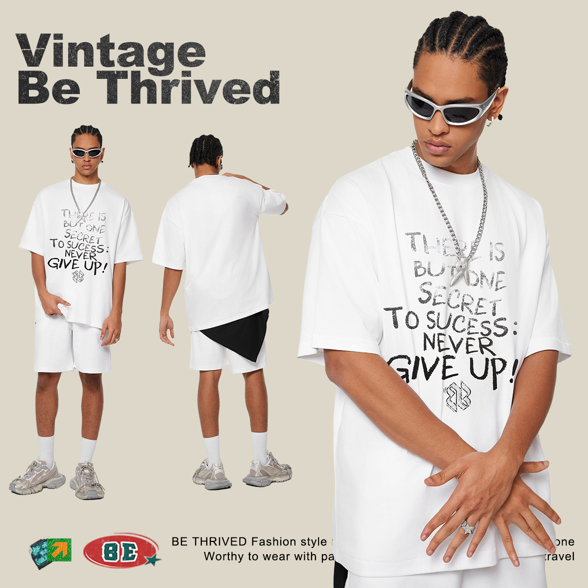BE ropa de hombre | 2025 primavera y verano marca de moda europea y americana joven de alta calidad letra hip-hop degradada camiseta de manga corta verano masculino