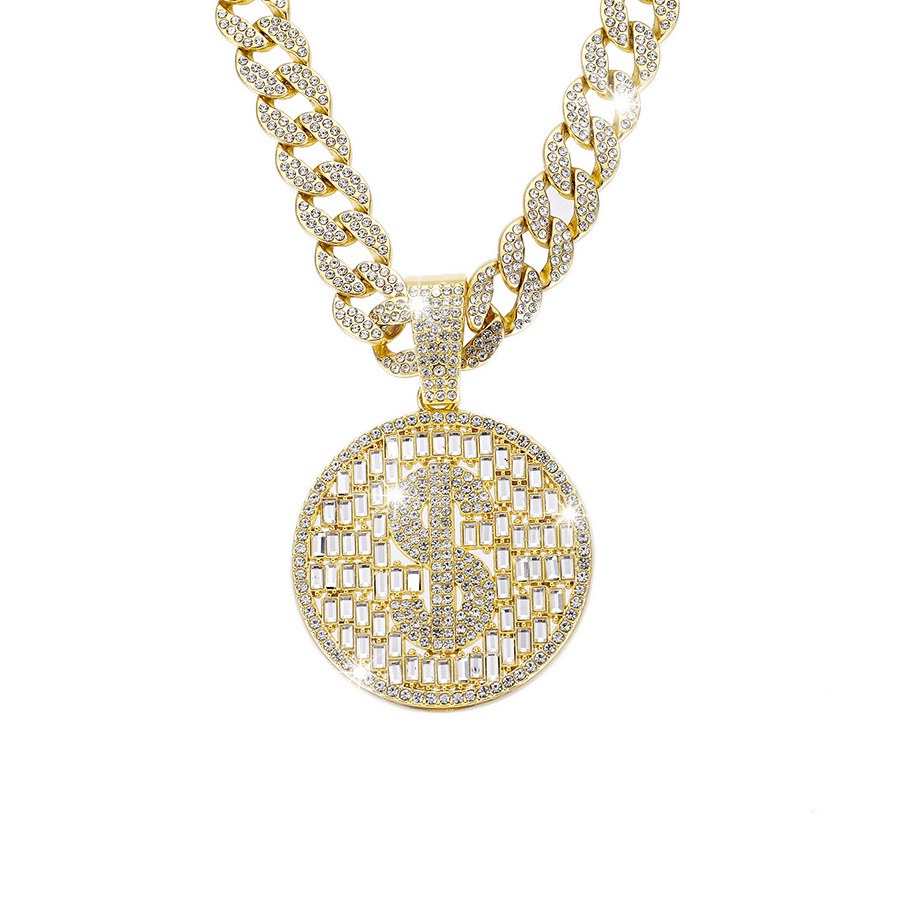 Ventas transfronterizas calientes con diamantes completos collares de medallas redondas huecos collares de hip-hop transfronterizos para hombres cool exagerado collar de accesorios