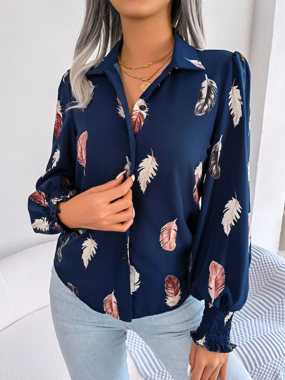 Frau Bluse Lange Ärmel Blusen Taste Lässig Feder display picture 2