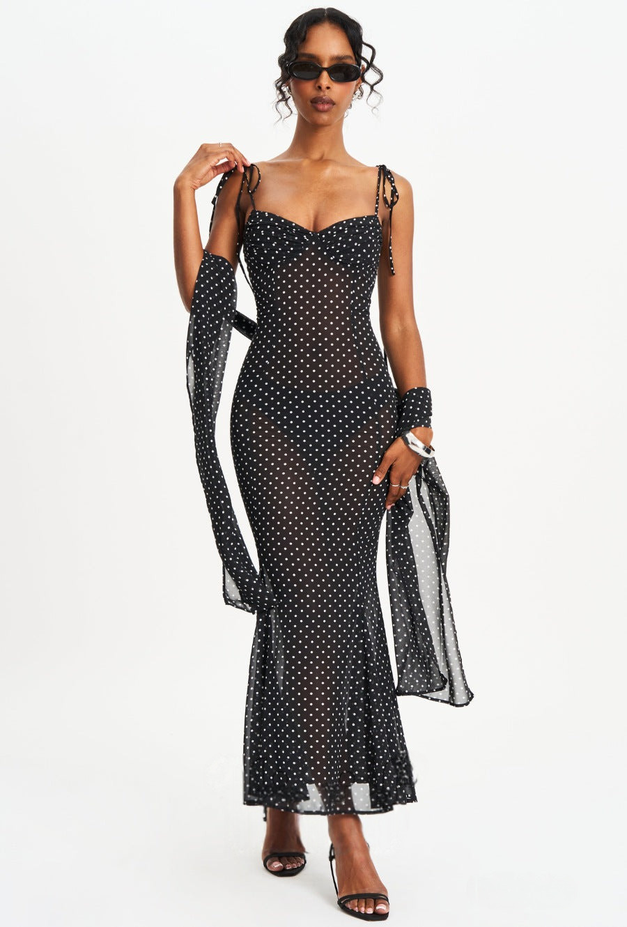 Women Elegant Spaghetti Strap Polka Dot Print Backless Dress Stylish Scarf Decor Slimming Party Vacation Dress_ecoleips.com