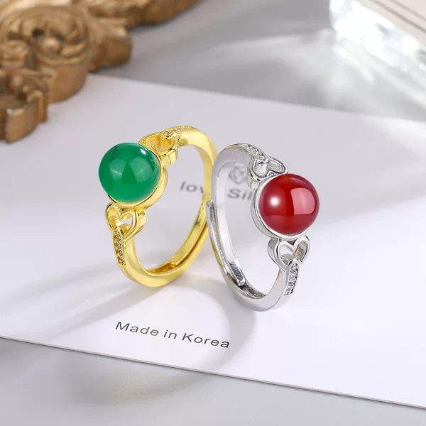 [Factory] Vintage inlaid zircon opening adjustable green agate ring female Red chalcedony yellow jade ring