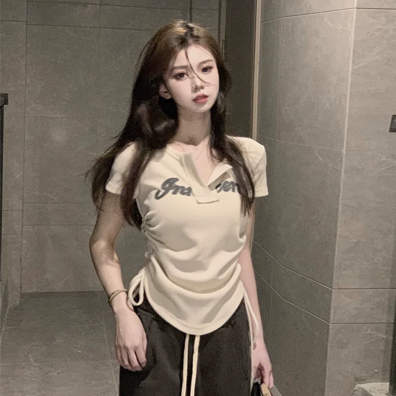 Американская футболка с положительным плечом для женского дизайна чувство нишевой шнур короткая нерегулярная горячая футболка летняя рубашка с короткими рукавами